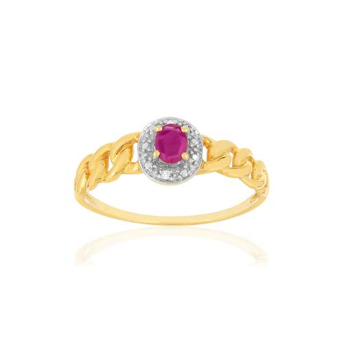 Bague or 375 2 tons, rubis et diamants, motif maille gourmette