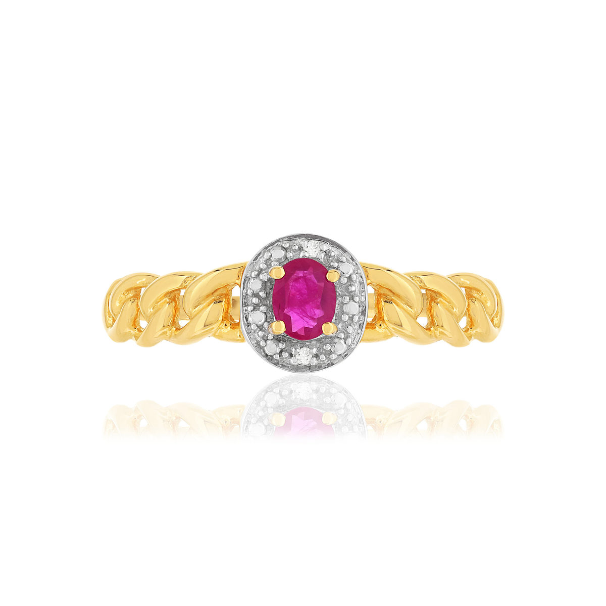 Bague or 375 2 tons, rubis et diamants, motif maille gourmette - vue 3