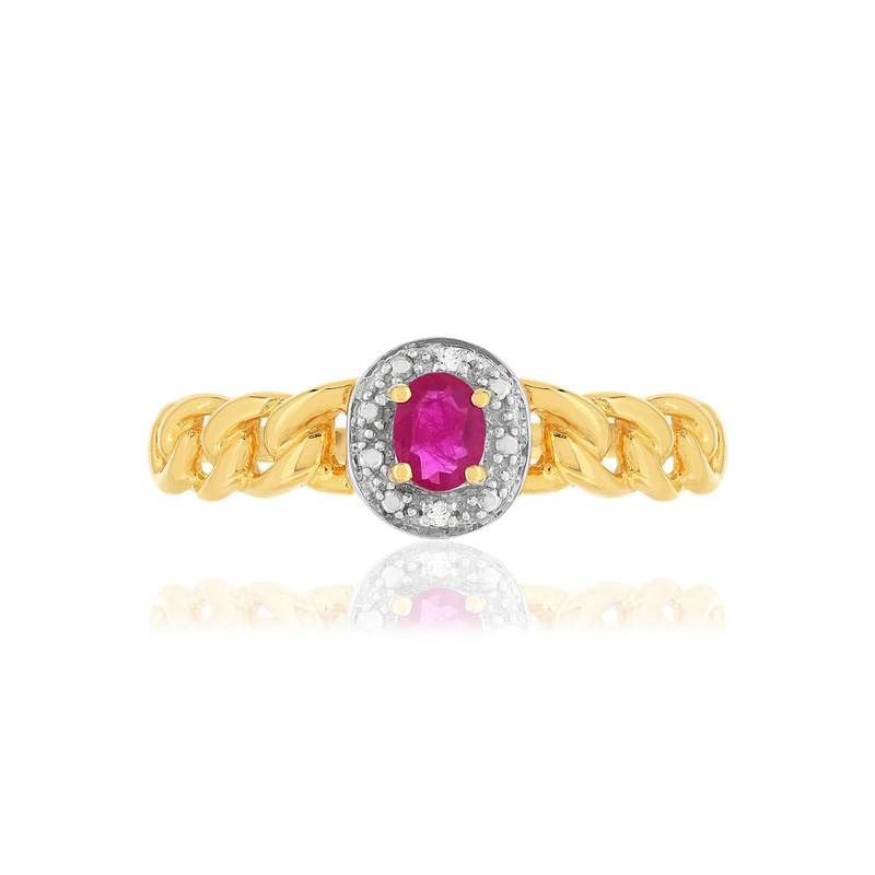 Bague or 375 2 tons, rubis et diamants, motif maille gourmette - vue 3