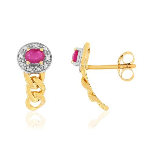 Boucles d'oreilles or 375 2 tons, rubis, diamants, motif maille gourmette
