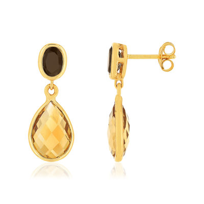 Boucles d'oreilles or jaune 375, citrine, quartz. - vue 1