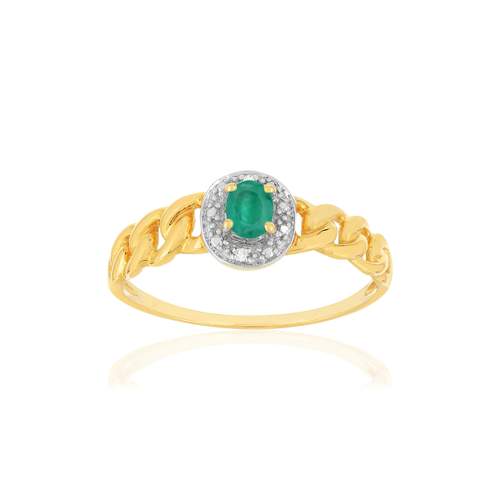 Bague or 375 2 tons, émeraude, diamants, motif maille gourmette