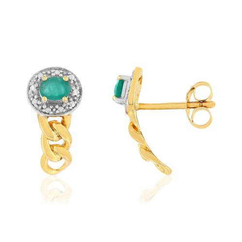 Boucles d'oreilles or 375 2 tons, émeraudes, diamants, motif maille gourmette