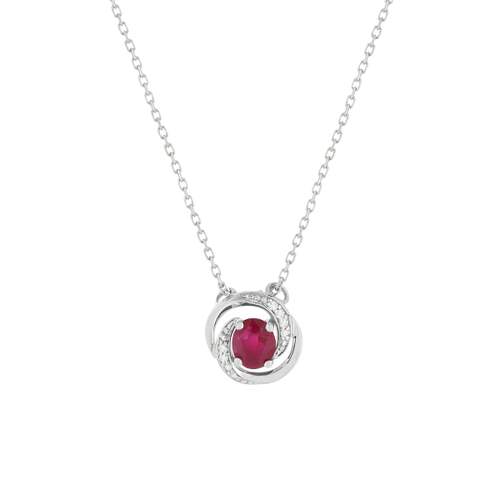 Collier or blanc 375, rubis, diamants. Longueur 42 cm.
