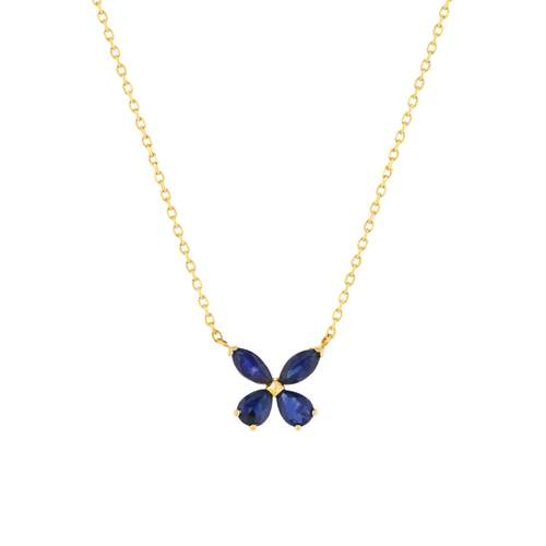 Collier or jaune 375, saphirs, motif papillon. Longueur 42 cm.