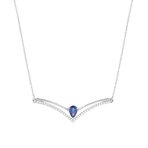 Collier or blanc 750, saphir, diamants. Longueur 45 cm.
