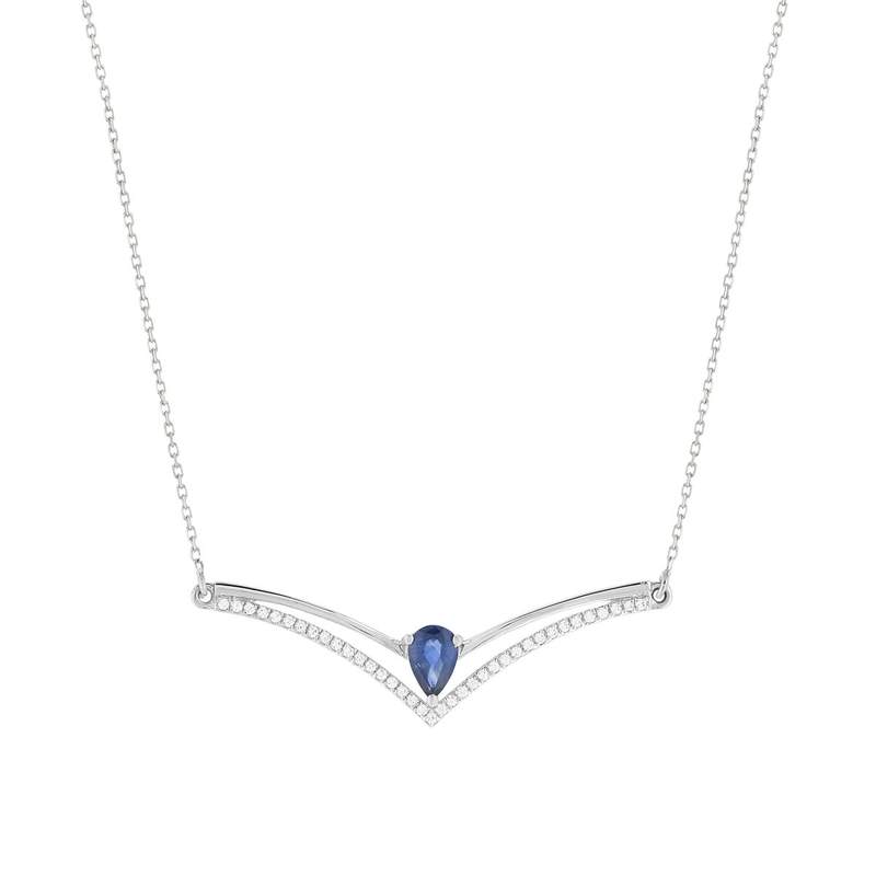 Collier or blanc 750, saphir, diamants. Longueur 45 cm. - vue 1