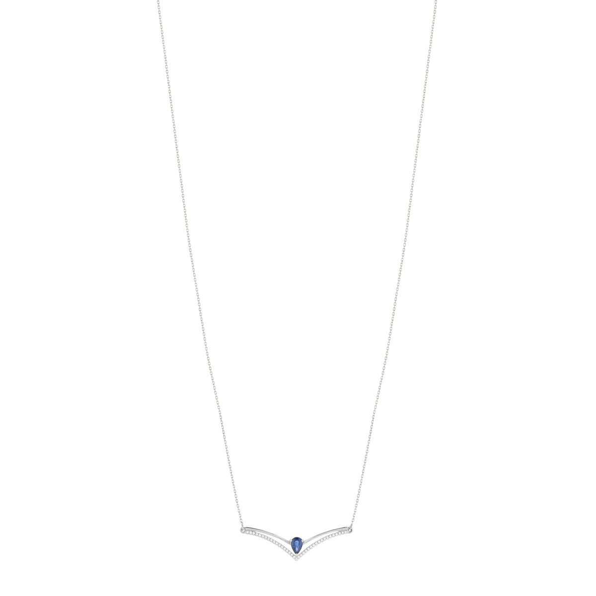 Collier or blanc 750, saphir, diamants. Longueur 45 cm. - vue 2