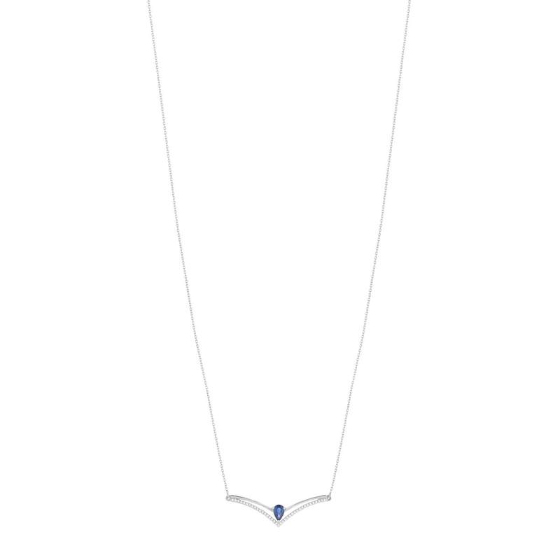 Collier or blanc 750, saphir, diamants. Longueur 45 cm. - vue 2