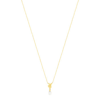 Collier or jaune 375, perle motir feuille. Longueur 45 cm.