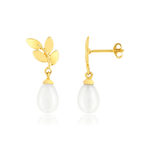 Boucles d'oreilles or jaune 375 motif feuille, perles. - vue 1
