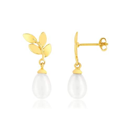 Boucles d'oreilles or jaune 375 motif feuille, perles.