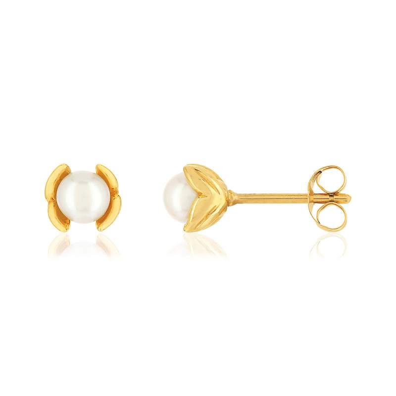 Boucles d'oreilles or jaune 375, perles de culture de Chine, motif feuille. - vue 1
