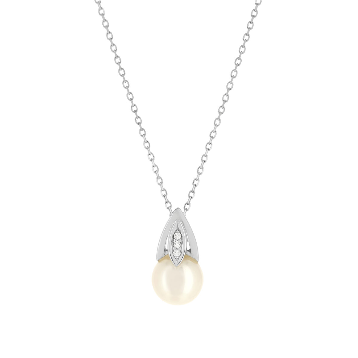 Collier or blanc 375, perle de culture de Chine, diamants. Longueur 45 cm.
