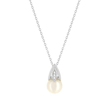 Collier or blanc 375, perle de culture de Chine, diamants. Longueur 45 cm.