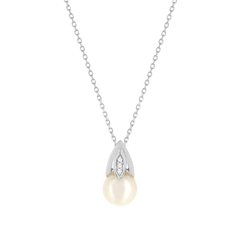 Collier or blanc 375, perle de culture de Chine, diamants. Longueur 45 cm. - vue 1