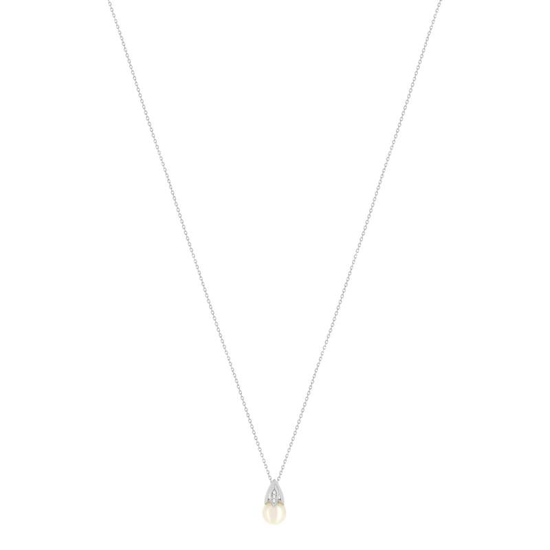 Collier or blanc 375, perle de culture de Chine, diamants. Longueur 45 cm. - vue 2