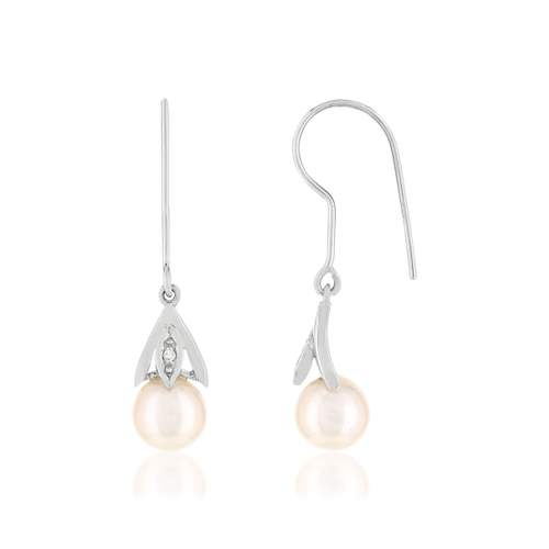Boucles d'oreilles or blanc 375, 2 perles de culture de Chine, diamants.