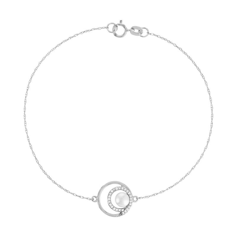 Bracelet or blanc 375, perle de culture de Chine, diamants. Longueur 19 cm. - vue 1