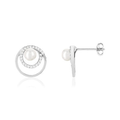 Boucles d'oreilles or blanc 375, perles de culture de chine, diamants. - vue 1