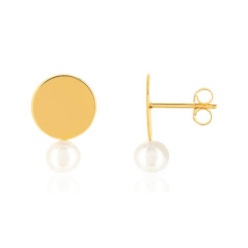 Boucles d'oreilles or jaune 375, motif disque, perles de culture de Chine.
