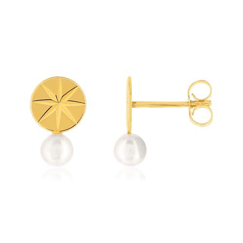 Boucles d'oreilles or jaune 375, motif disque forme étoile, perles de culture de Chine.
