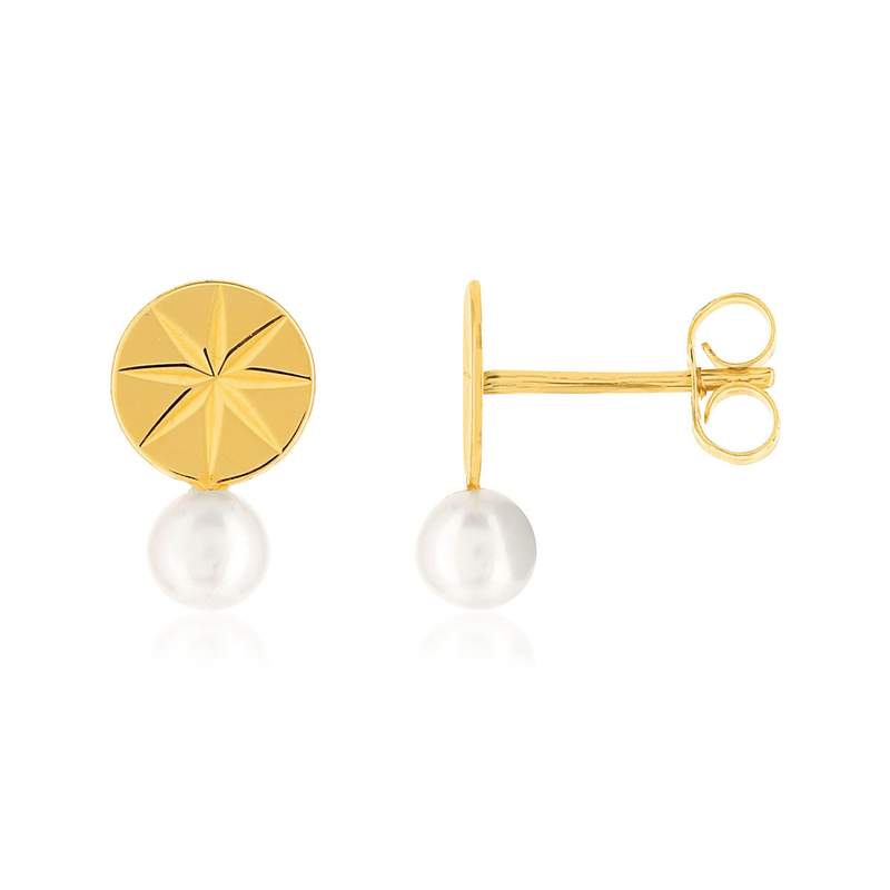 Boucles d'oreilles or jaune 375, motif disque forme étoile, perles de culture de Chine. - vue 1