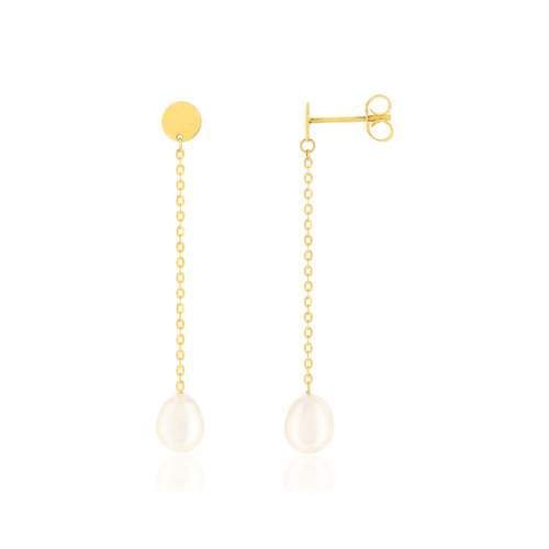 Boucles d'oreilles pendantes or jaune 375, perles de culture de Chine forme poire.