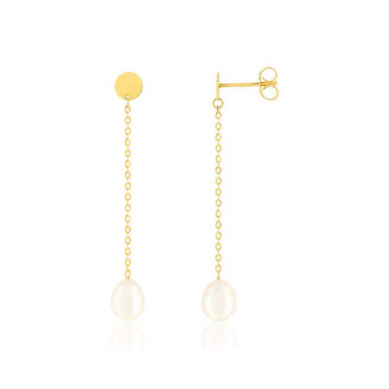 Boucles d'oreilles pendantes or jaune 375, perles de culture de Chine forme poire. - vue 1