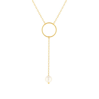 Collier or jaune 375, motif anneau, perle de culture de Chine. Longueur 40 cm. - vue 1