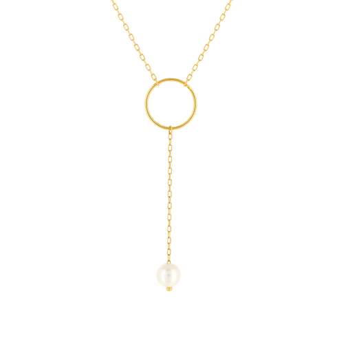 375 yellow gold necklace, ring motif, Chinese cultured pearl. Length 40 cm.