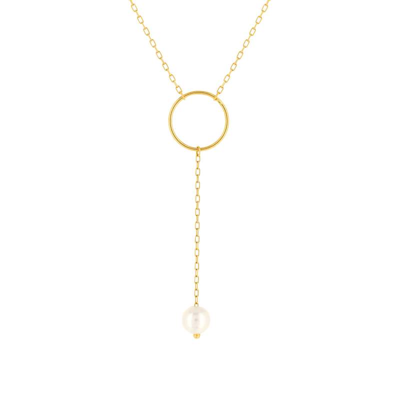 Collier or jaune 375, motif anneau, perle de culture de Chine. Longueur 40 cm. - vue 1