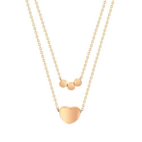 Collier acier doré rose boule et coeur 45 cm