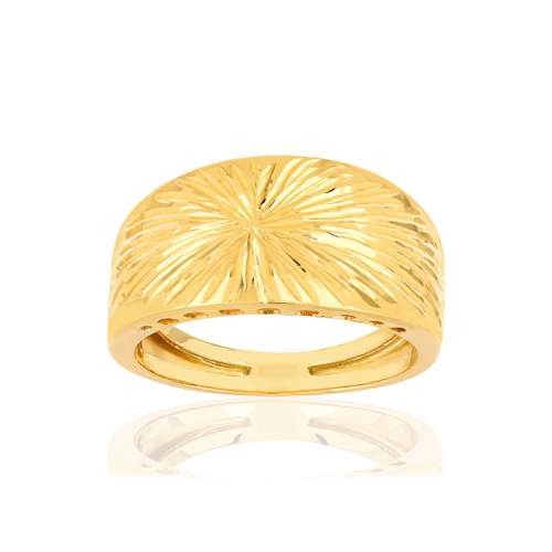 Bague or jaune 375, ciselé, motif soleil.