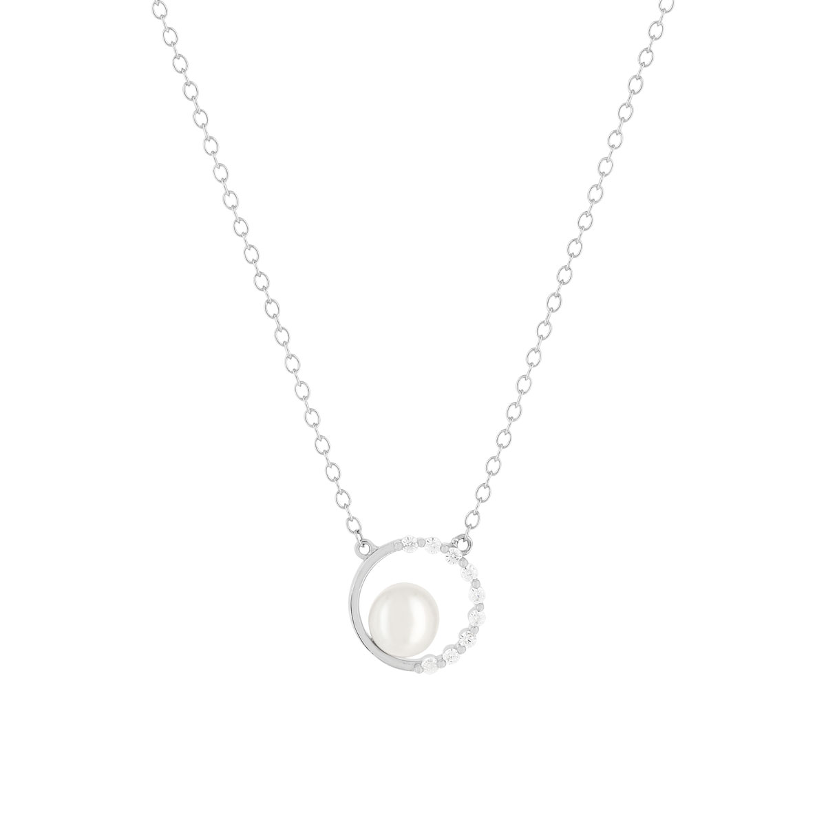 Collier argent 925 cercle zirconias perle de culture de Chine 45 cm