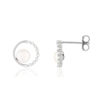 Boucles d'oreilles argent 925, motif cercle, perles de culture de Chine, zirconias. - vue 1
