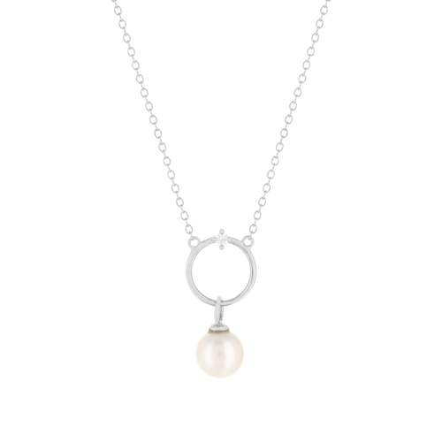 Collier argent 925, motif cercle, perle de culture de Chine et zirconia. Longueur 45 cm.