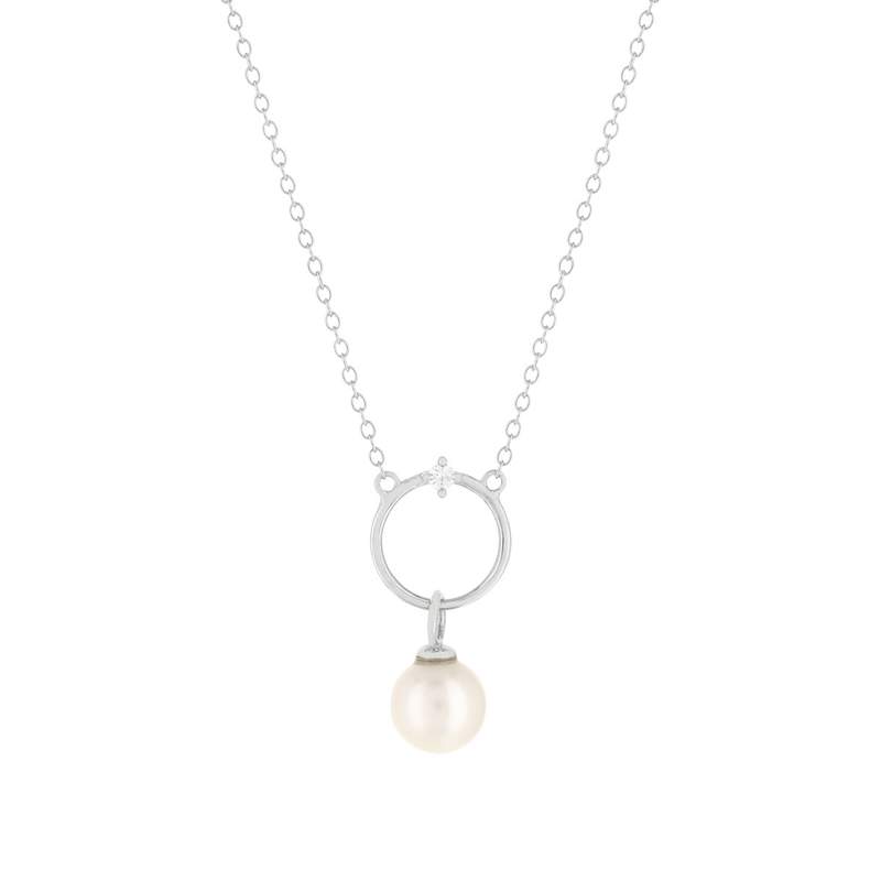 Collier argent 925, motif cercle, perle de culture de Chine et zirconia. Longueur 45 cm. - vue 1