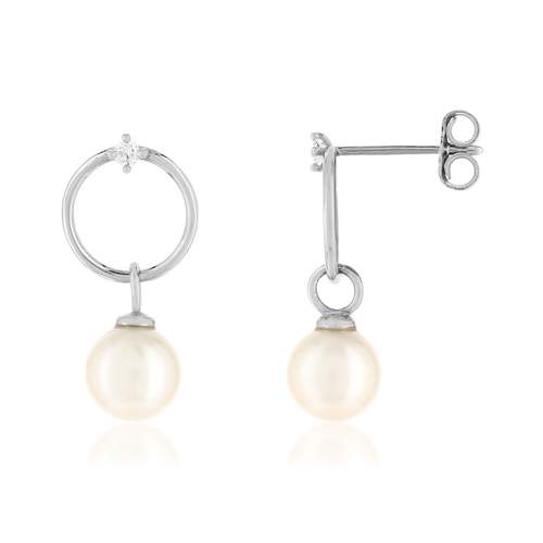Boucles d'oreilles argent 925, motif cercle, perles de culture de Chine, zirconias.