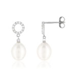 Boucles d'oreilles argent 925, motif cercle, perles de culture de Chine, zirconias. - vue 1