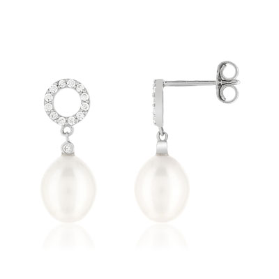 Boucles d'oreilles argent 925, motif cercle, perles de culture de Chine, zirconias. - vue 1