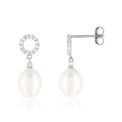 925 silver earrings, circle motif, Chinese cultured pearls, zirconias.