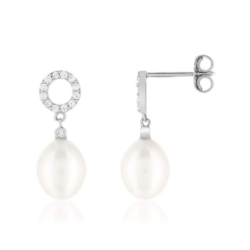 Boucles d'oreilles argent 925, motif cercle, perles de culture de Chine, zirconias. - vue 1