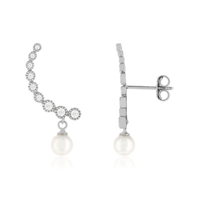 Boucles d'oreilles contours argent 925 zirconias et perles de culture de Chine.