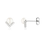 Boucles d'oreilles argent 925, perles de culture de Chine, motif V serti de zirconias. - vue 1