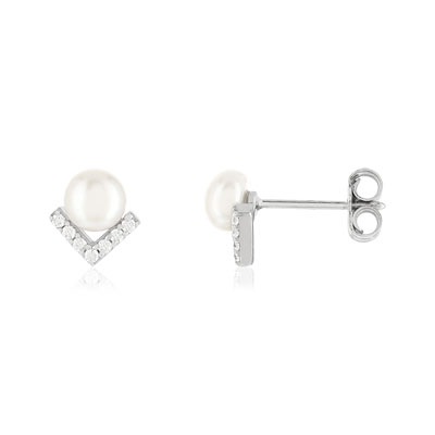 Boucles d'oreilles argent 925, perles de culture de Chine, motif V serti de zirconias.