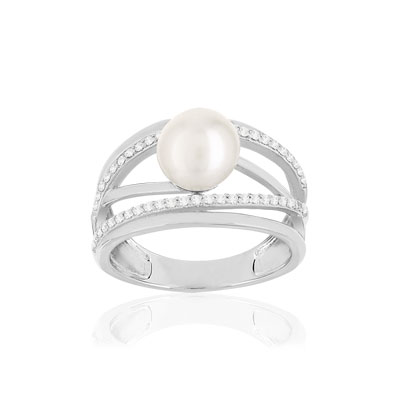 Bague argent 925, perle de culture de Chine, zirconias. - vue 1