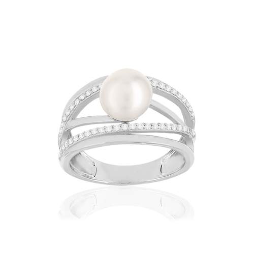 Bague argent 925, perle de culture de Chine, zirconias.