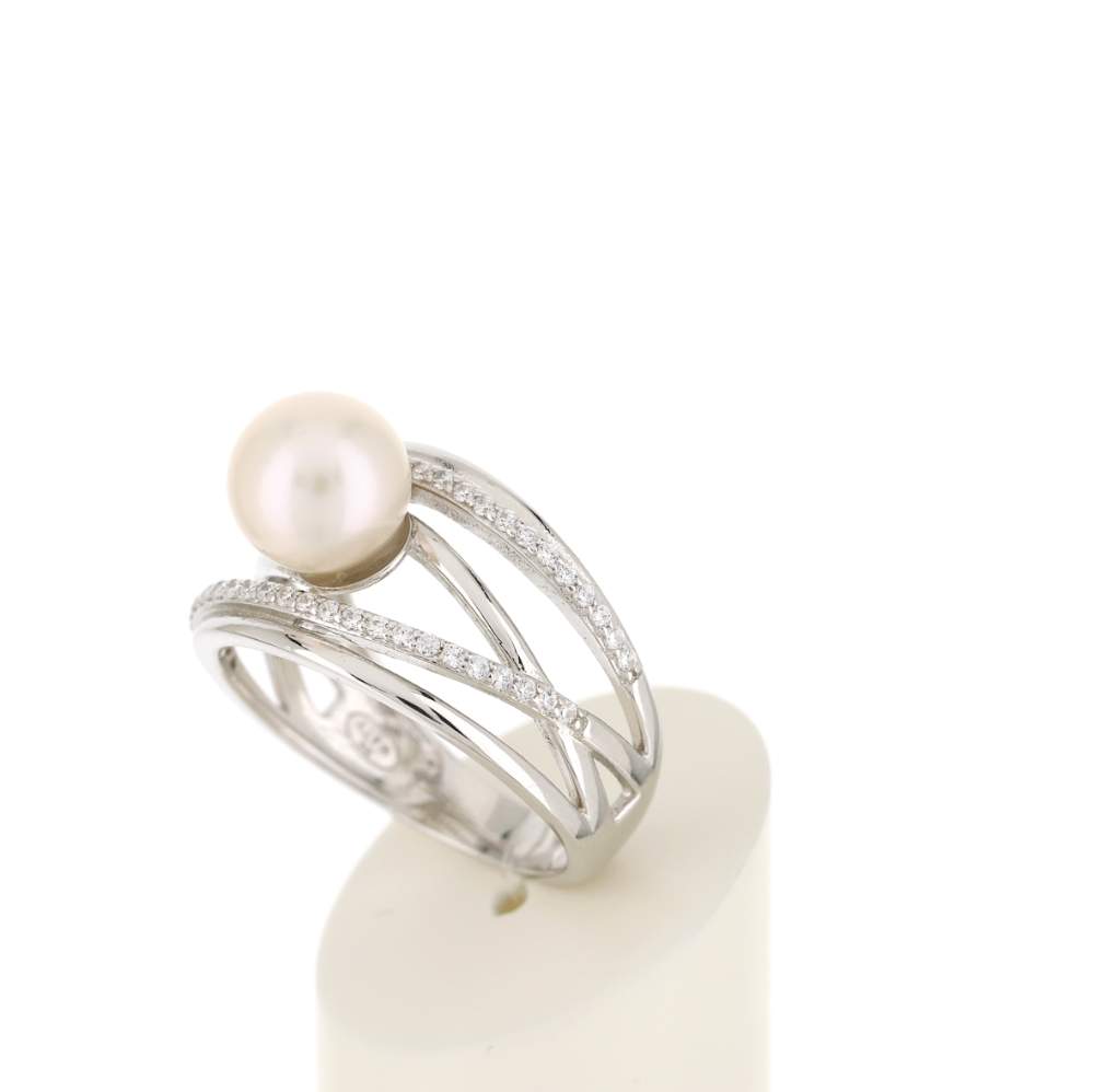 Bague argent 925, perle de culture de Chine, zirconias. - vue 4