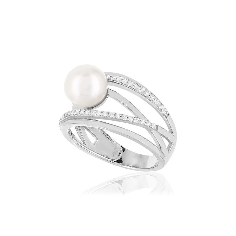 Bague argent 925, perle de culture de Chine, zirconias. - vue D1